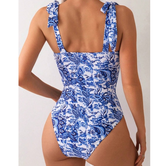Boho Floral Print Shoulder Tie One Piece Swimsuit Monokini - Picture 5 of 5